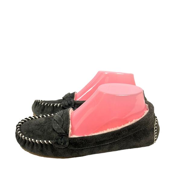 Minnetonka MINNETONKA Dark Gray Suede Sherpa Slippers 8 Comfortable Warm - Picture 5 of 10